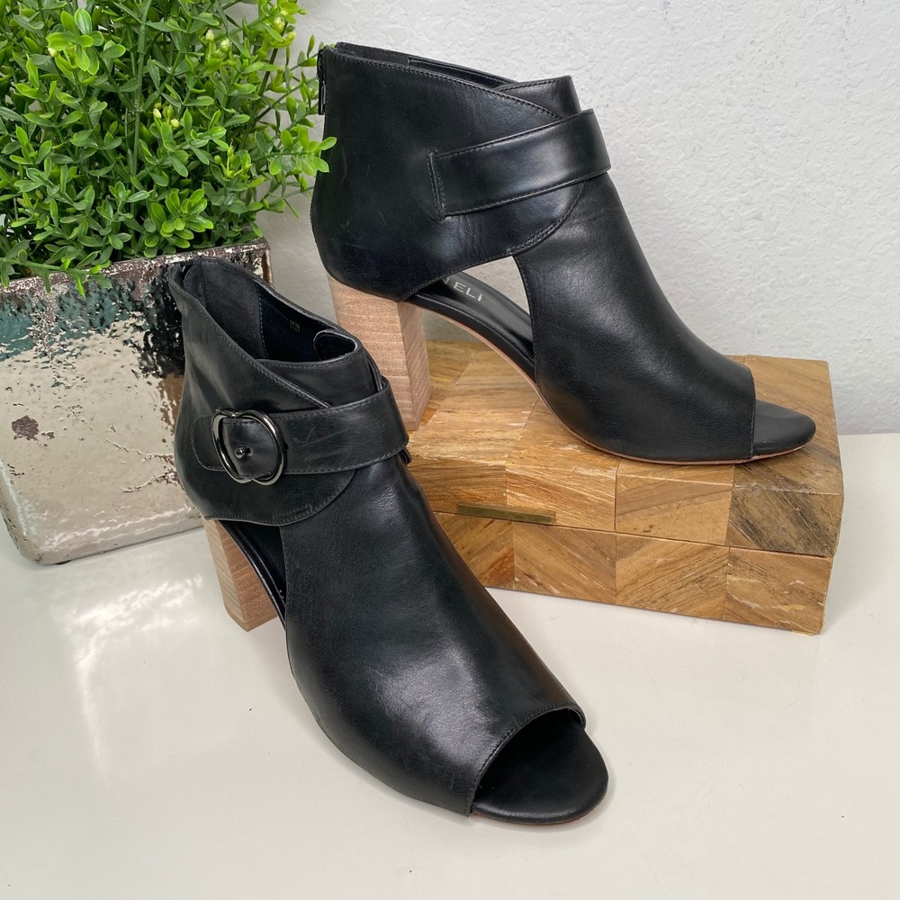 VANELi Belka‎ Black Antiqued Calf Leather Peep Toe Ankle Booties Size 8N